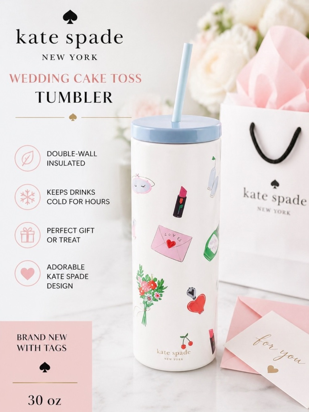 Kate Spade Wedding Cake Toss Tumbler 30 oz | NWT Insulated Cup w/ Straw